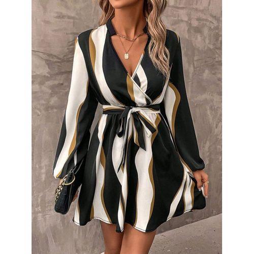 Kadın Uzun Kollu Kruvaze Yakalı Desenli Modal Mini Elbise