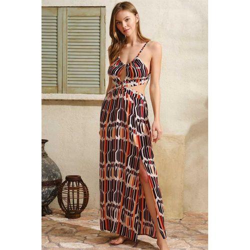 Boyundan Bağlamalı V Yaka Kadın Viskon Geometrik Yazlık İp Detaylı Elbise