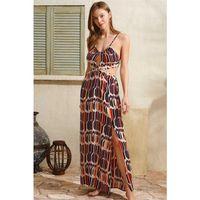 Boyundan Bağlamalı V Yaka Kadın Viskon Geometrik Yazlık İp Detaylı Elbise