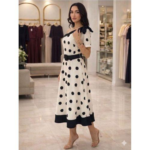 Kadın Omuz Dekolteli Fiyonk Ve Puantiye Detay Maxi Boy Elbise