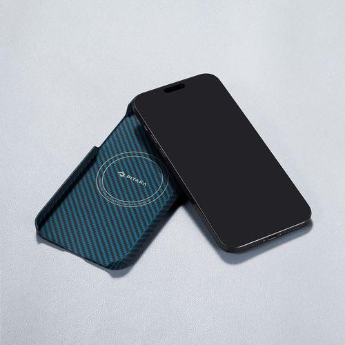 Apple iPhone 15 Pro Kılıf M-safe Şarj Özellikli 1500D Aramid Fiber Pitaka Ultra-Slim Classic Serisi Black-Blue Twill Kapak