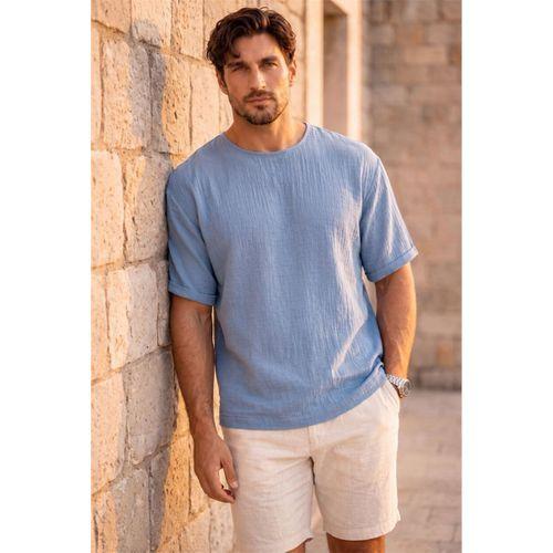 Godard Relax Fit %100 Pamuk Müslin Kumaş Duble Kol Bisiklet Yaka Erkek T-Shirt - Soğuk Mavi