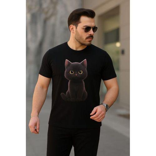 Erkek Bisiklet Yaka Kedi Baskılı Süprem T-shirt