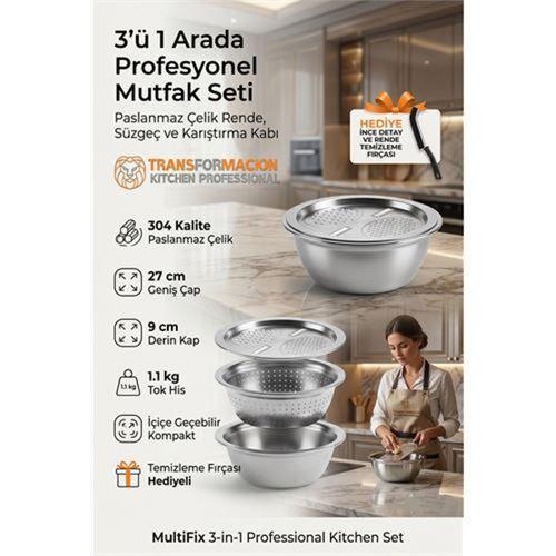 3'ü 1 Arada Profesyonel Mutfak Seti - Paslanmaz Çelik Rende, Süzgeç ve Karıştırma Kabı (27 cm) 723296