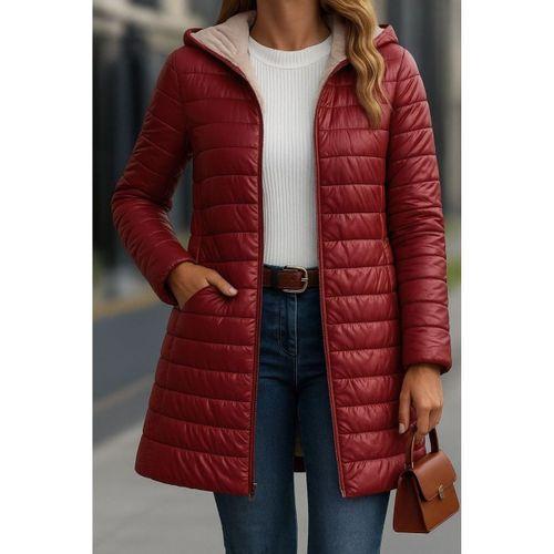 Kadın Uzun Kollu Kapşonlu Cep Detaylı Fermuarlı Orta Boy Mont