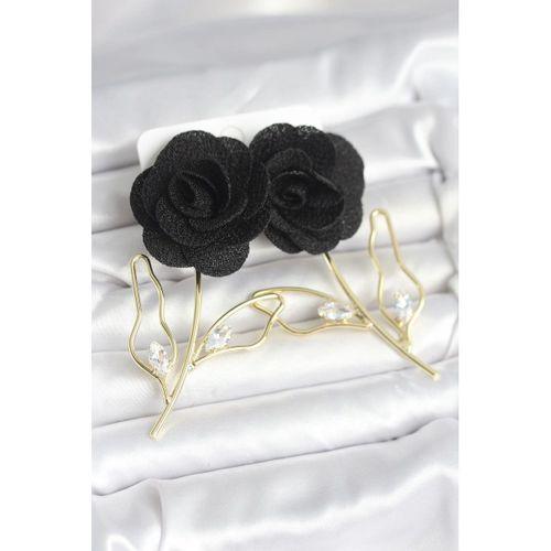 Pirinç Gold Renk Siyah Gül Model Kadın Küpe