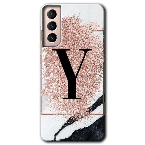 MRCİLETİSİM Samsung Galaxy S21 Kılıf HD Desen Baskılı Arka Kapak + Temperli Cam - Pembe Mermer Desenli Y Harfi