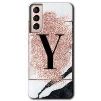 MRCİLETİSİM Samsung Galaxy S21 Kılıf HD Desen Baskılı Arka Kapak + Temperli Cam - Pembe Mermer Desenli Y Harfi