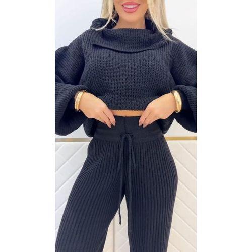 Kadın Uzun Kollu Balıkçı Yaka Kısa Triko Bluz Ve Pantolon Ikili Takım