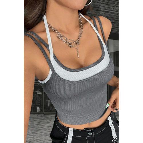 Kadın Antrasit Beyaz Çift Renk Çapraz Askılı Crop Top Bluz Şık Esnek