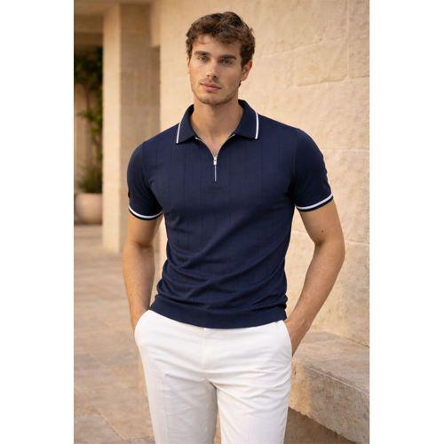 Jared Yakası Şeritli Dik Çizgili Yarım Fermuar İnce Triko Erkek T-Shirt - Lacivert