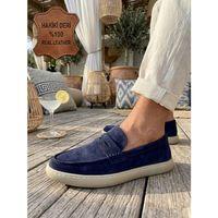 BA0251 %100 İçi Dışı Hakiki Deri Erkek Lacivert Süet Casual Loafer Kauçuk Rahat Taban Dikişli Ayakkabı