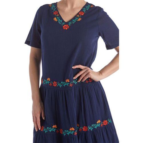 Kısa Kol Şile Bezi Lacivert V Yaka Nakışlı Uzun Yazlık Elbise
