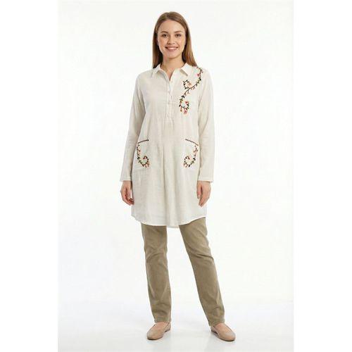 Uzun Kol Sevim Düğmeli Klasik Yaka Çift Cepli Şile Bezi Nakışlı Tunik Krem Krm