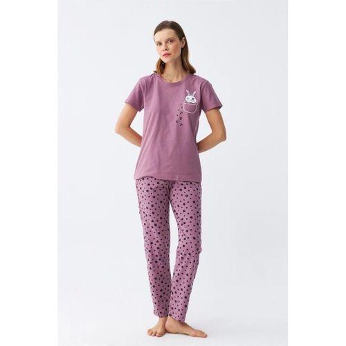 Kadın Mor Patili Tavşan Baskılı Cepli Pijama Takımı