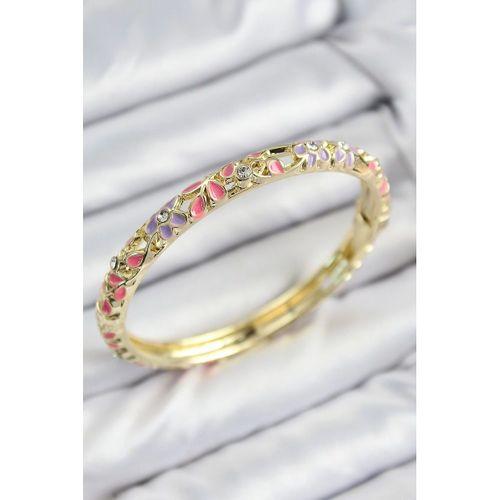 Mineli Pirinç Zirkon Taşlı Pembe Mor Çiçek Motifli Gold Kadın Kelepçe