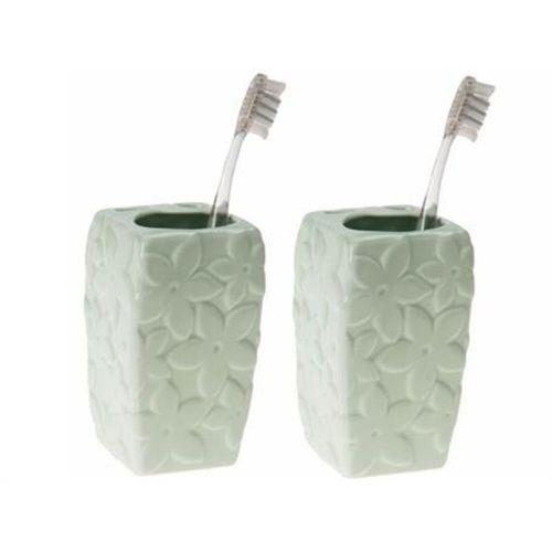 2 Adet Seramik Diş Fırçalık Çiçekli Su Yeşili 7X7X12Cm  Banyo Seti