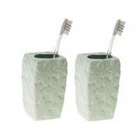 2 Adet Seramik Diş Fırçalık Çiçekli Su Yeşili 7X7X12Cm  Banyo Seti
