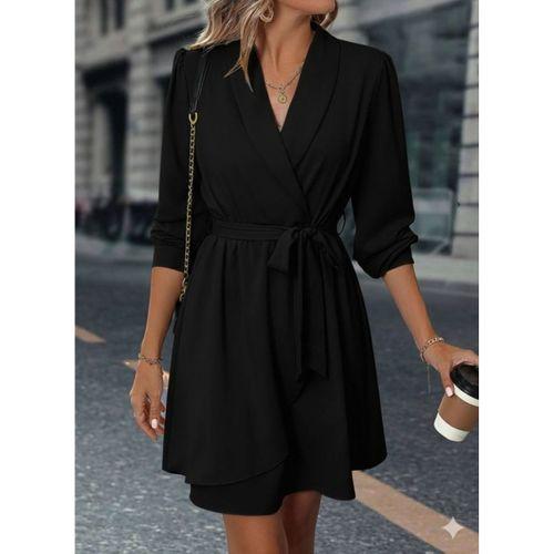 Kadın Uzun Kollu Kruvaze Yakalı Belden Kuşaklı Mini çift Katlı Ithal Krep Elbise