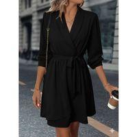 Kadın Uzun Kollu Kruvaze Yakalı Belden Kuşaklı Mini çift Katlı Ithal Krep Elbise