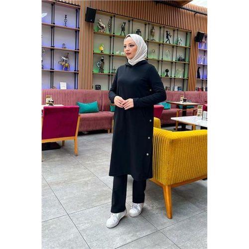 Kapşonlu Yandat Çıtçıtlı Sade Basic Uzun Tunik ve Pantolon İkili Spor Takım - 03071.003 - Siyah
