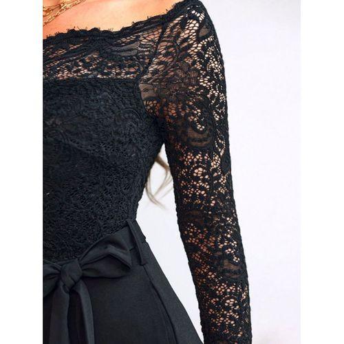 Kadın Uzun Kollu Madonna Yaka Dantelli Yandan Bağlamalı Ithal Krep Tulum