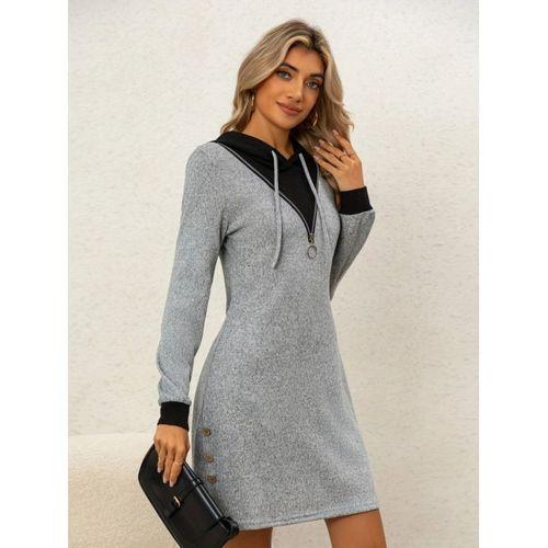 Kadın Uzun Kollu Kapşonlu önden Fermuarlı Düğmeli Mini Iki Iplik Elbise