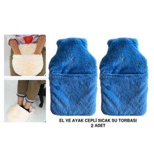 Sıcak Su Torbası 2 Adet,Cepli Mavi Peluş Termofor 32,5X17,5Cm  1500 Ml
