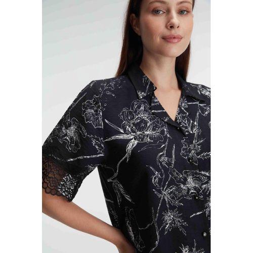 Yarım Kollu V Yaka Kadın Viskon Çiçek Desenli Yazlık Dokuma Dantel Detaylı Pijama Takımı