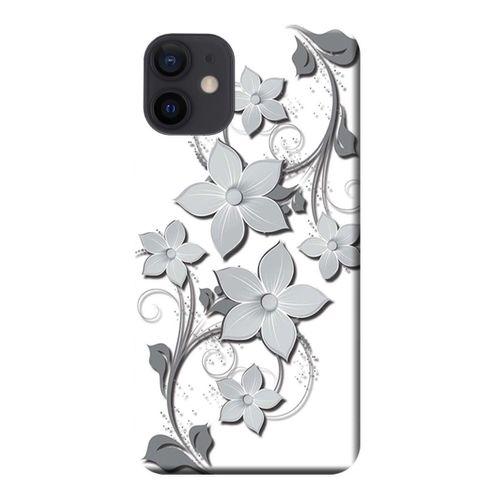 iPhone 12 Mini Kılıf Sarmaşık Çiçek Gri ton Baskılı Esnek TPU Silikon