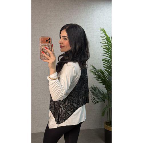 Kadın Uzun Kollu Asimetrik Kesim Bluz Ve Dantel Güpür Transparan Detay Fermuarlı Yelek Ikili Takım