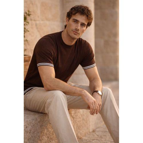 Dale Kolları Şeritli Bisiklet Yaka İnce Triko Örme Regular Fit Erkek T-Shirt - Kahve