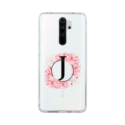 Xiaomi Redmi Note 8 Pro Pembe Çiçek Desen J Harfli Şeffaf Kılıf