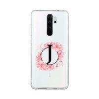 Xiaomi Redmi Note 8 Pro Pembe Çiçek Desen J Harfli Şeffaf Kılıf