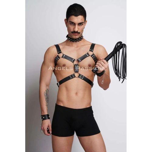 Kırbaç Ve Çivili Choker Detaylı Erkek  Fantazi Giyim, Deri Erkek  Harness Takım - Brfm102