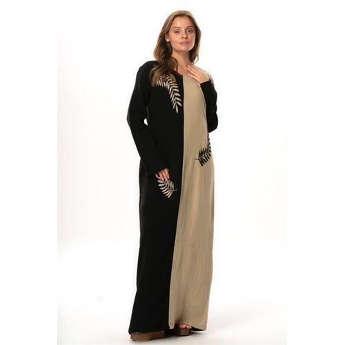 Uzun Kol Yaprak V Yaka Baskılı Müslin Uzun Otantik Yazlık Elbise Siyah/Vizon Syh/Vzn