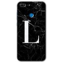 Honor 9 Lite Kılıf HD Desen Baskılı Arka Kapak - Siyah Mermer Desenli L Harfi + Kırılmaz Cam