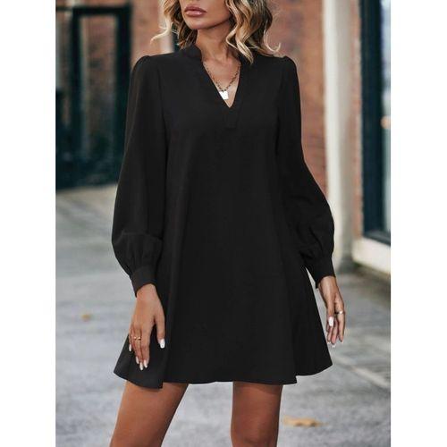 Kadın Uzun Kollu V Yakalı Arkadan Düğmeli Mini Ithal Krep Elbise