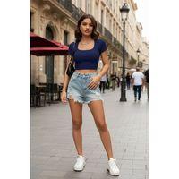 Kadın Lacivert Şık Kesim Yarım Kol Crop Bluz