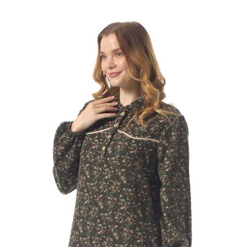 Uzun Kol Nudem Düğmeli Klasik Yaka Menekşe Desen Pazen Kışlık Uzun Elbise Yeşil Ysl
