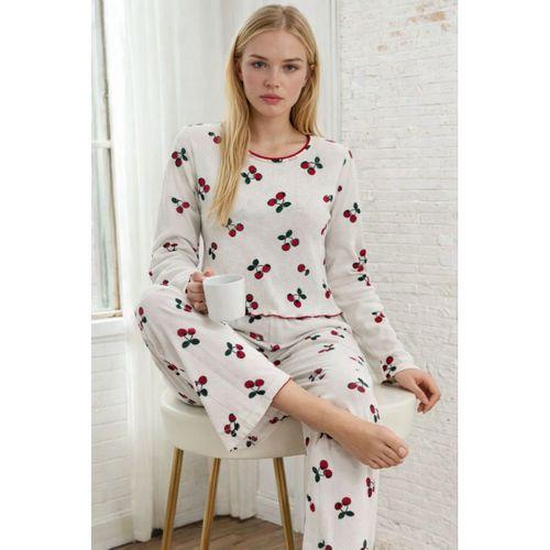 Kadın Uzun Kollu Bisiklet Yaka Desenli Burgu Bluz Ve Pijama Ikili Takım