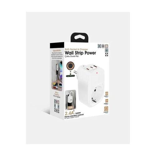 Tekli Yüksek Voltaj Korumalı Duvar Prizi 2x Type-c 1x Usb Çıkışlı Priz Grup Priz Çoğaltıcı Beyaz