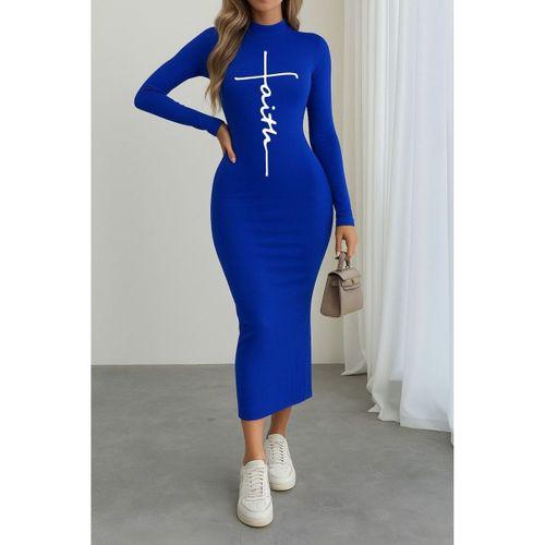 Kadın Uzun Kollu Boğazlı Baskı Detaylı Viskon Tam Boy Elbise