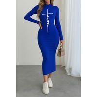 Kadın Uzun Kollu Boğazlı Baskı Detaylı Viskon Tam Boy Elbise