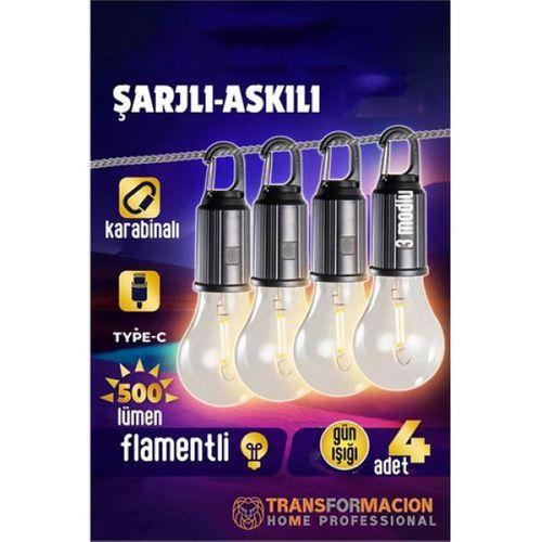 Askılı Portatif Şarjlı Askılı Ampül - 4 lü Kamp Lambası - Acil Durum Lambası