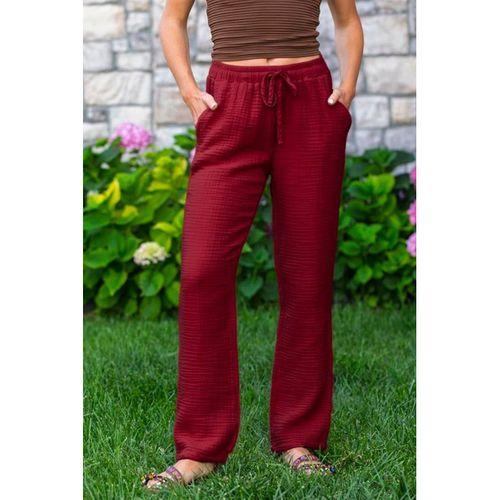 Beli Lastikli Multi Çift Cepli Müslin Kadın/Erkek Unisex Yazlık Pantolon Bordo Brd