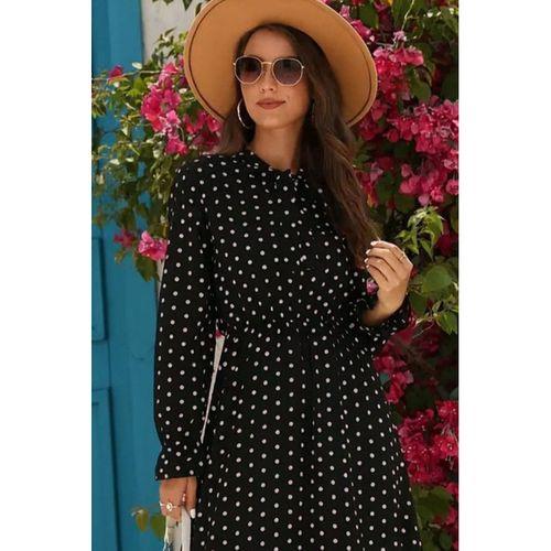 Kadın Uzun Kollu Yakası Bağcıklı Uzun Puantiyeli Krep Maxi Elbise