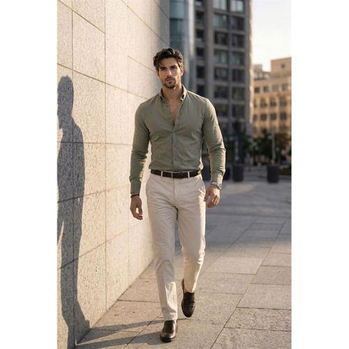 Likralı Regular Fit Nefes Alabilir Klasik Erkek Oxford Gömlek - Haki