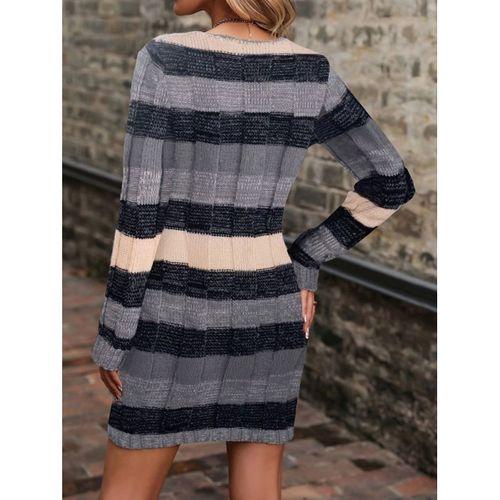 Kadın Uzun Kollu V Yakalı çizgili çok Renkli Triko Mini Elbise