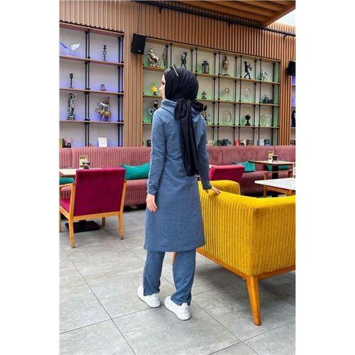 Kapşonlu Düğmeli Sade Basic Uzun Tunik ve Pantolon İkili Spor Takım - 03072.006 - İndigo